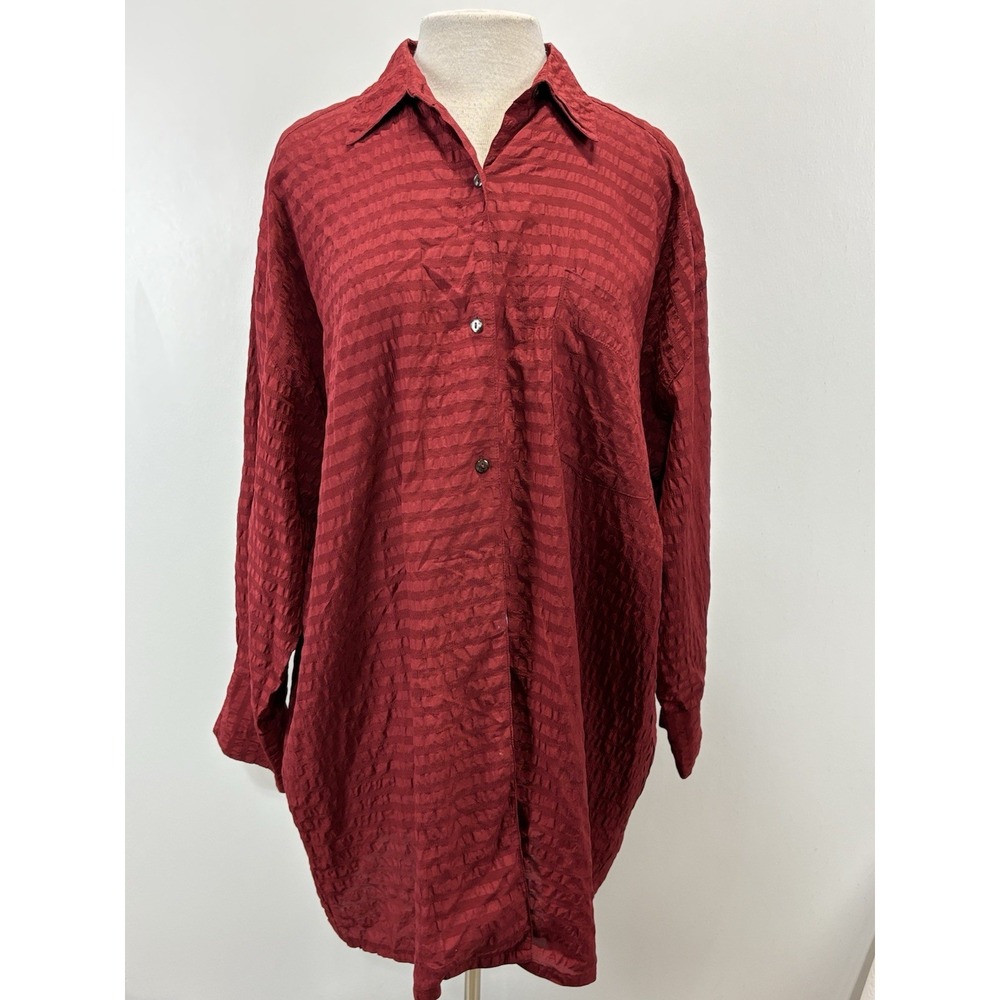 Vtg Express Silk Tunic Top Sz Medium Dark Red Striped Textured Lagenlook Artsy